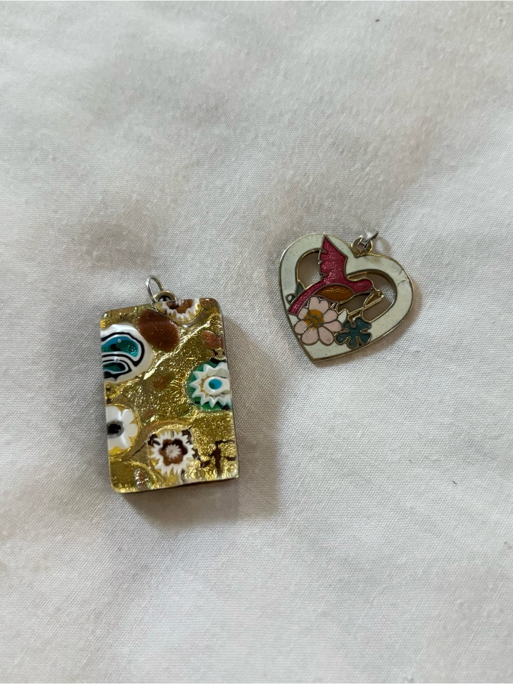 Gold Millefiori Rectangular Pendant and Pink Heart Floral Charm
